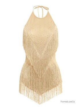 Women Latin Dance Fringe Dress Sequin Rhinestone Halter Bodysuit